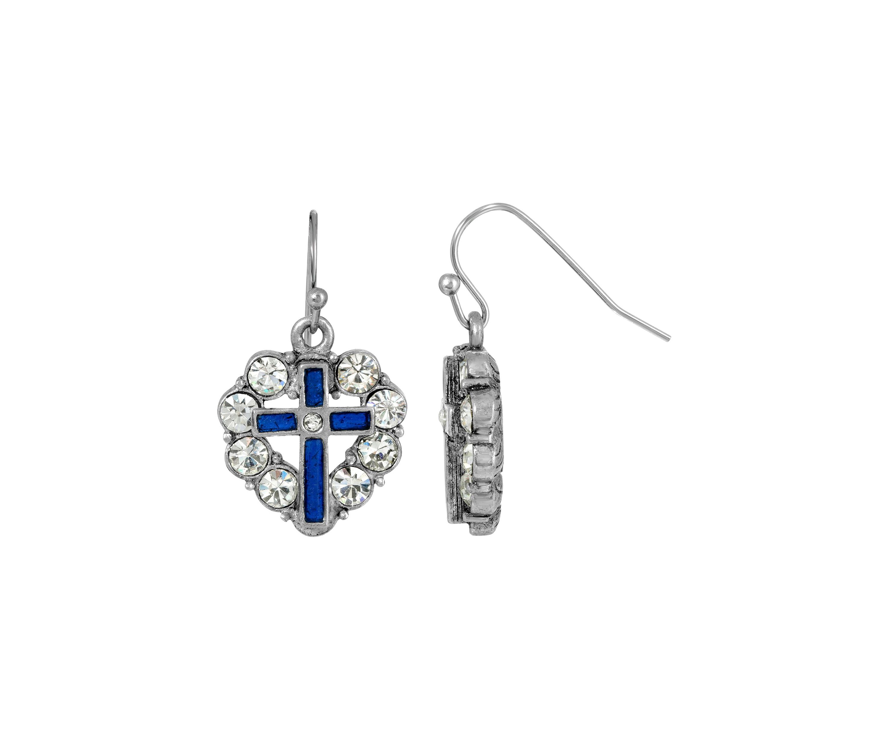 Pewter Blue Enamel Cross Crystal Heart Earrings