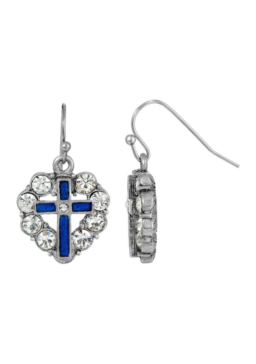 Pewter Blue Enamel Cross Crystal Heart Earrings