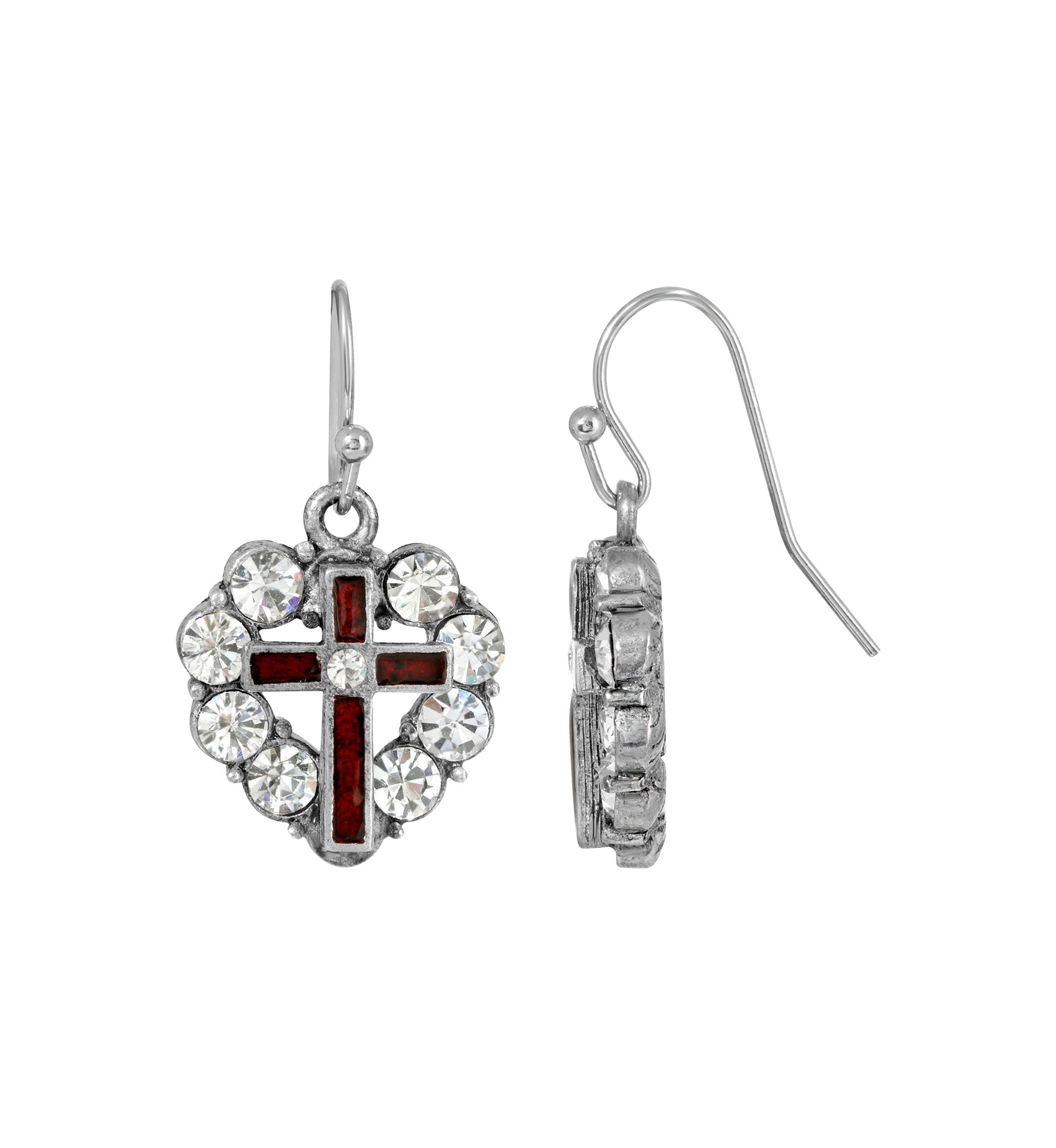 Pewter Red Enamel Cross Crystal Heart Earrings