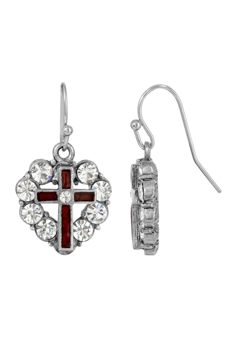 Pewter Red Enamel Cross Crystal Heart Earrings