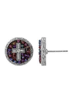 Pewter Purple Seeded Beads Crystal Cross Round Button Earrings