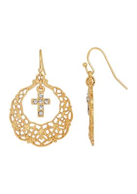 14k Dipped Hoop Crystal Cross Drop Earrings