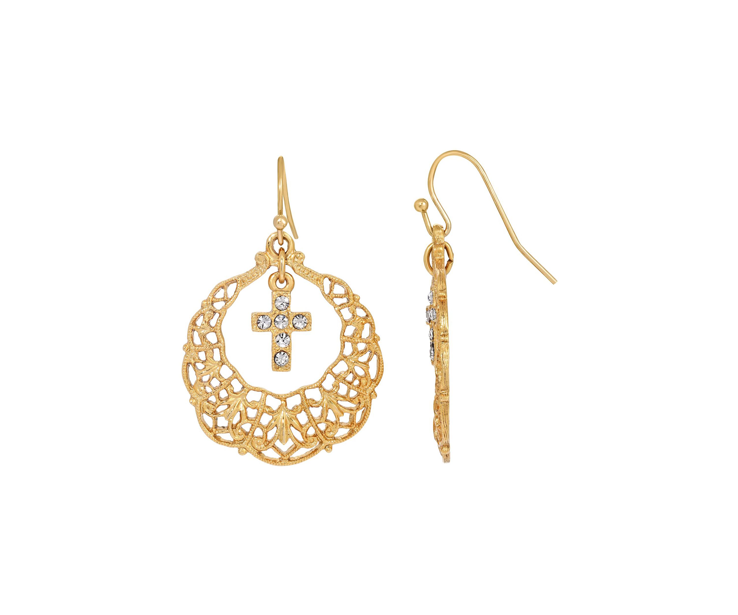 14k Dipped Hoop Crystal Cross Drop Earrings