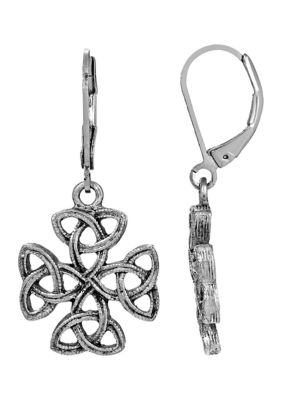 Symbols of Faith Silver Tone Celtic Trinity Cross Earrings, Grey
