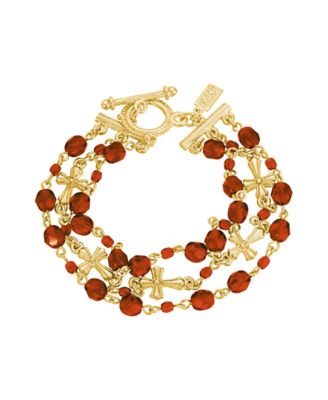 Symbols of Faith 14K Gold-Dipped Red 3-Row Bead and Cross Toggle Bracelet