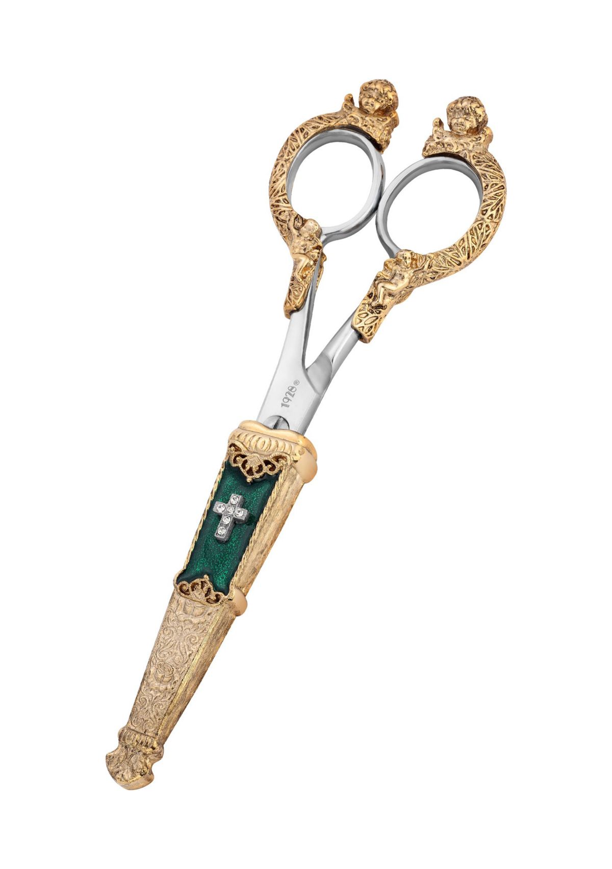 Gold Tone Crystal Cross Green Enamel Scissor Holder with Scissors
