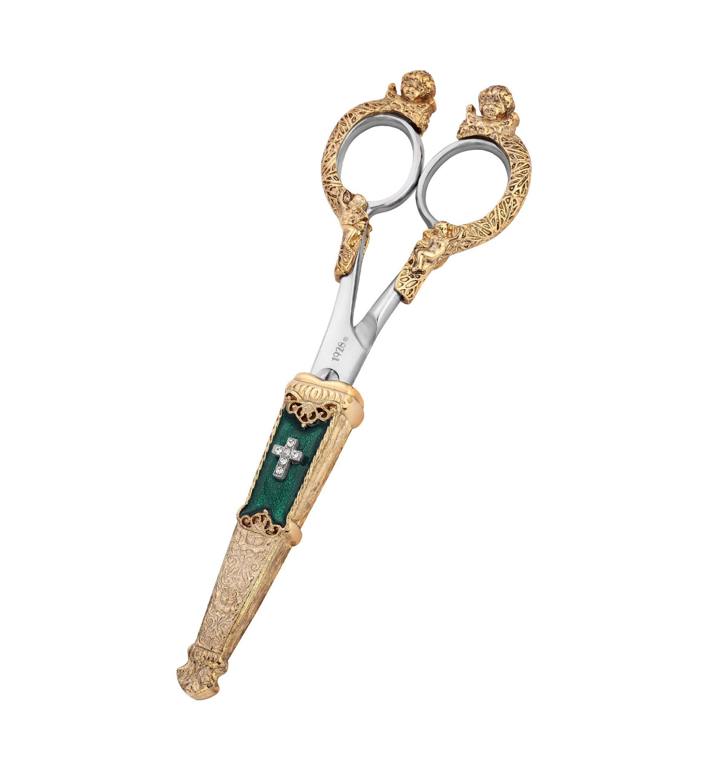 Gold Tone Crystal Cross Green Enamel Scissor Holder with Scissors