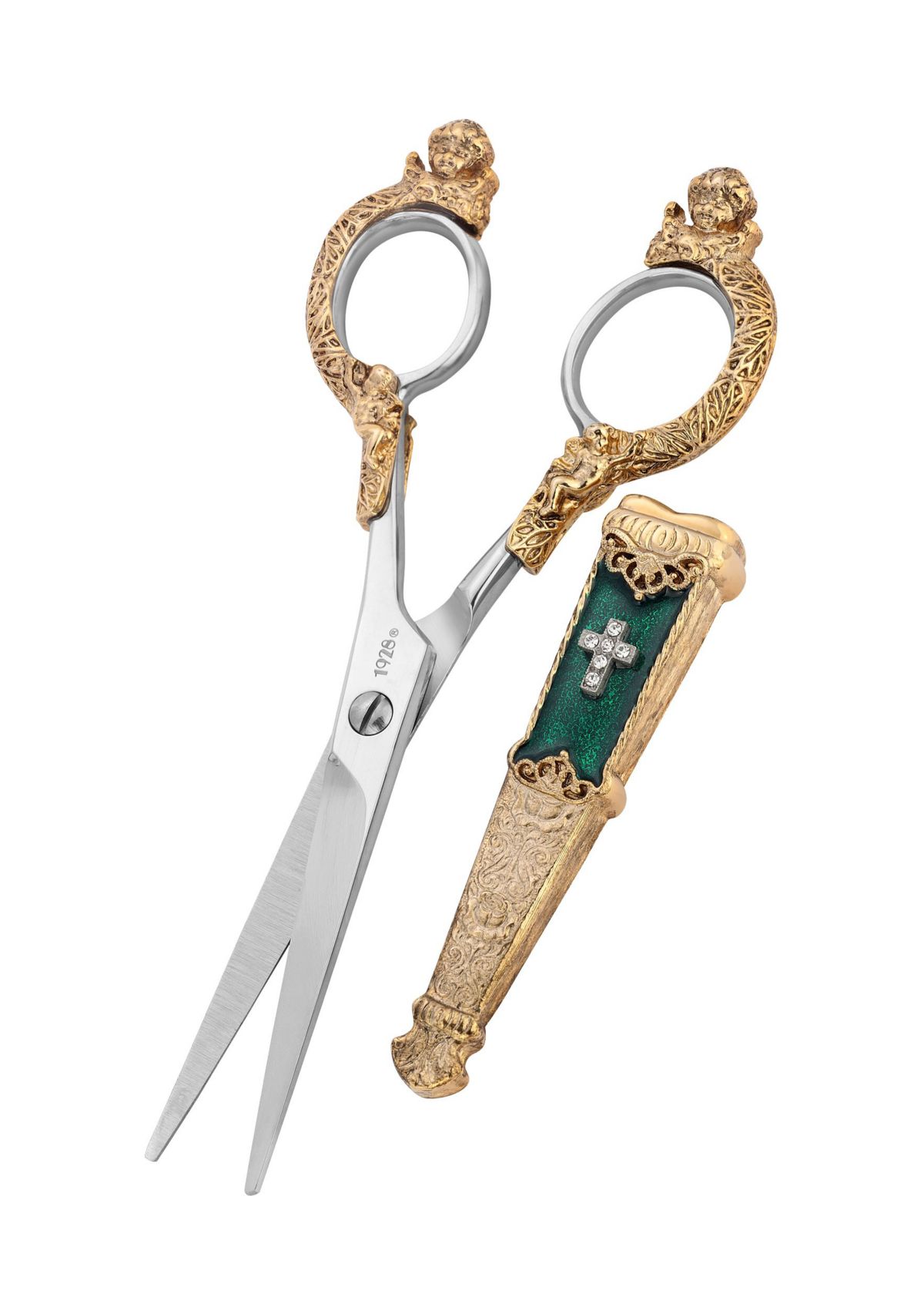 Gold Tone Crystal Cross Green Enamel Scissor Holder with Scissors