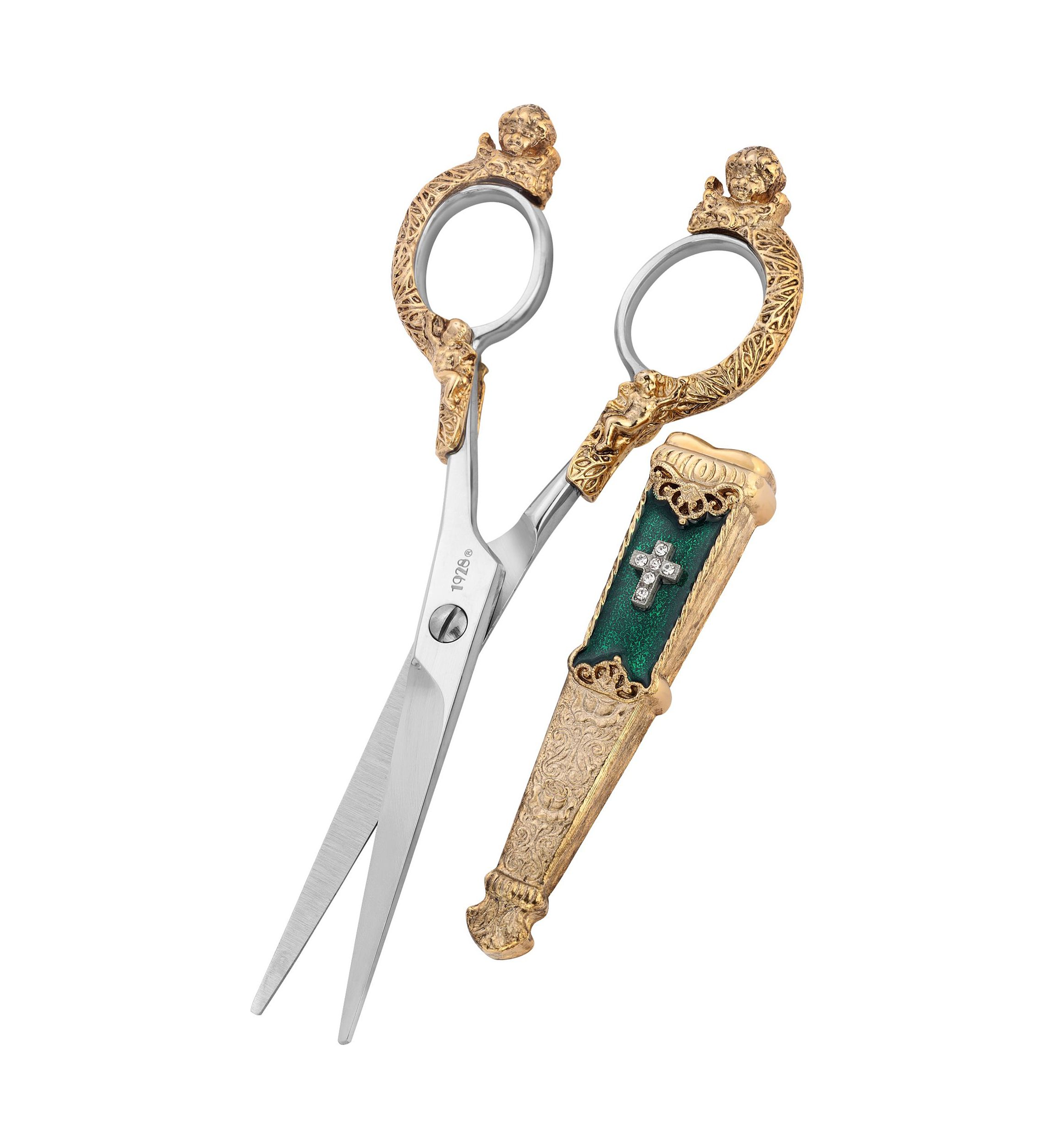 Gold Tone Crystal Cross Green Enamel Scissor Holder with Scissors