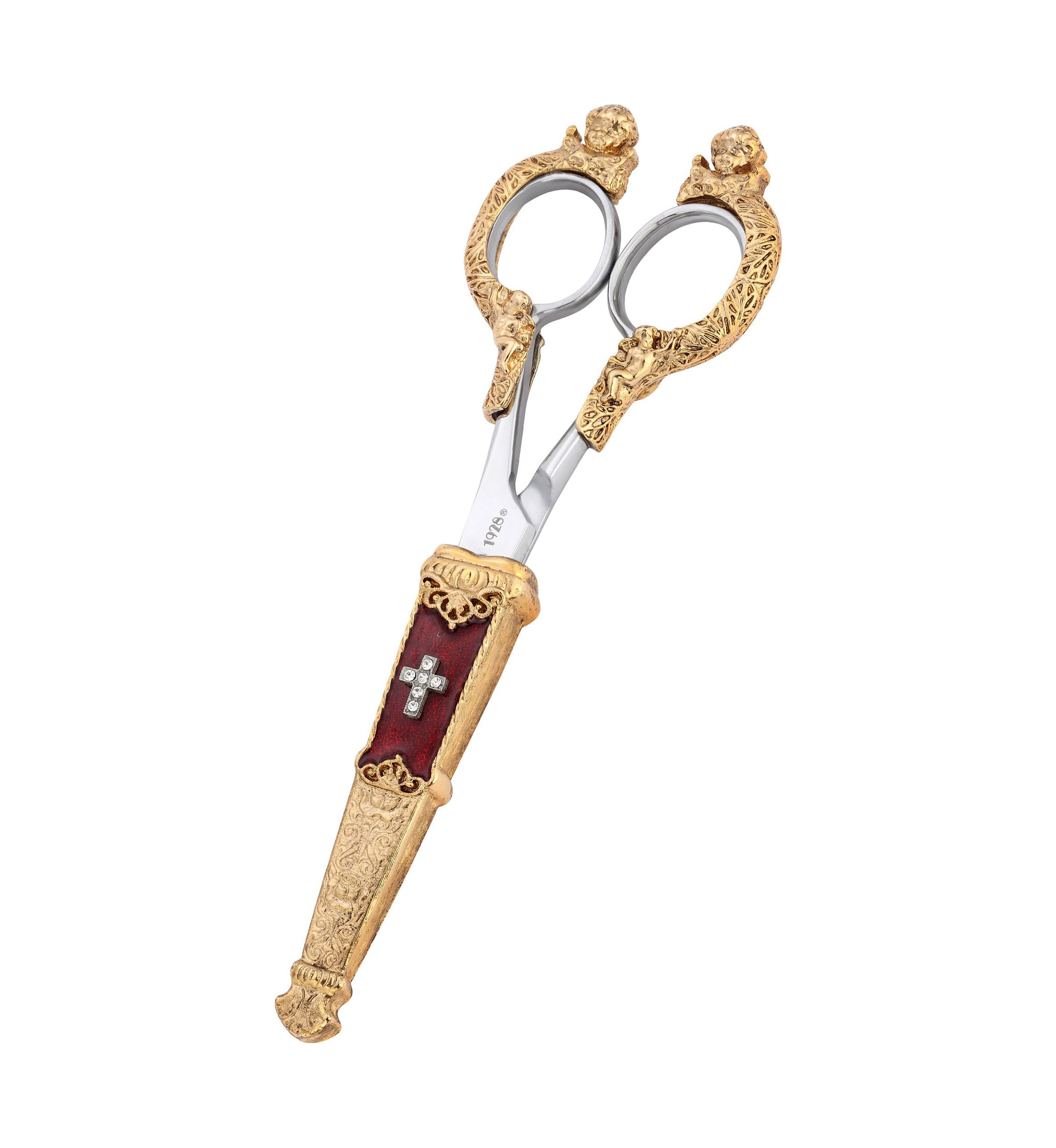 Gold Tone Crystal Cross Red Enamel Scissor Holder with Scissors