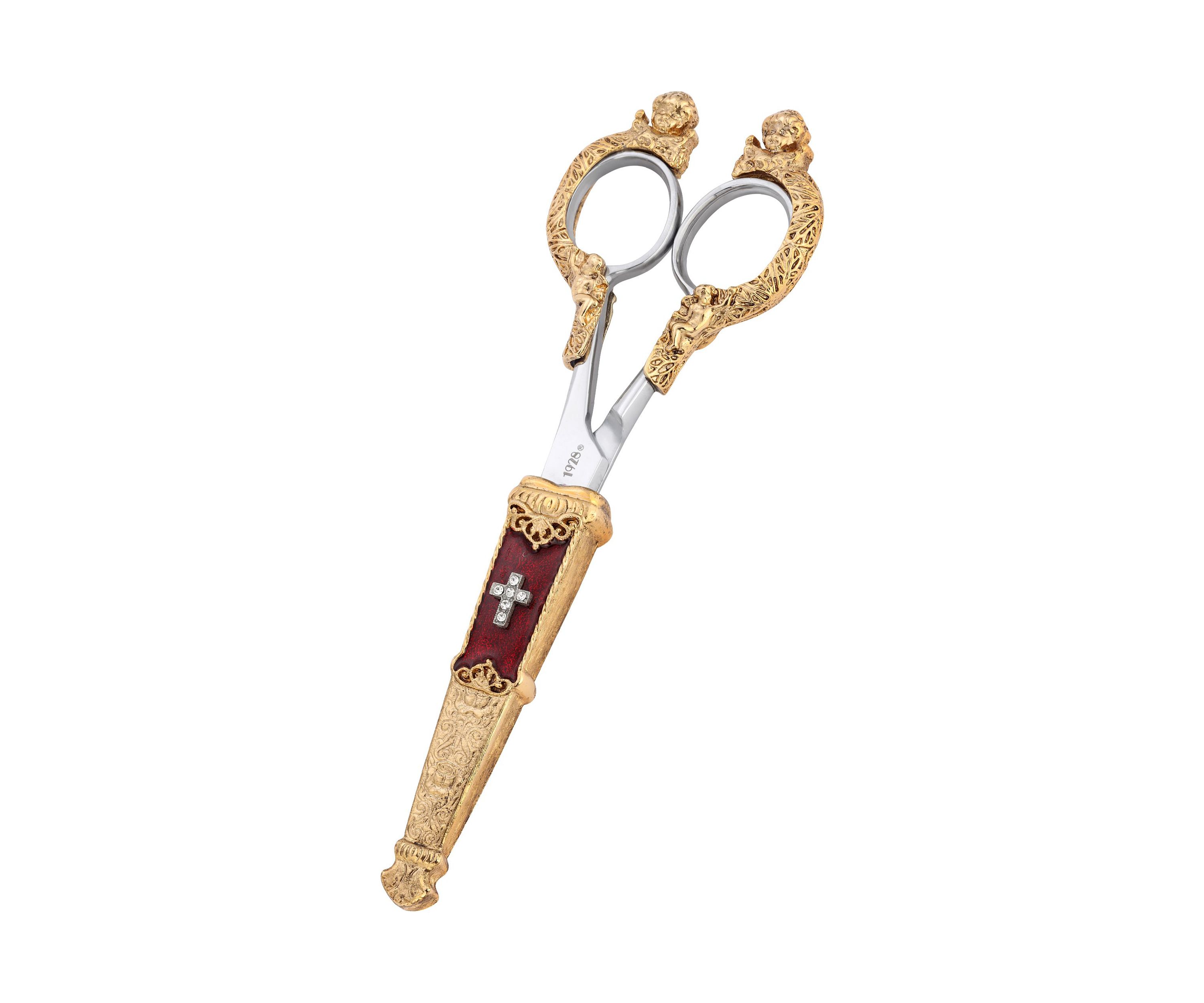 Gold Tone Crystal Cross Red Enamel Scissor Holder with Scissors