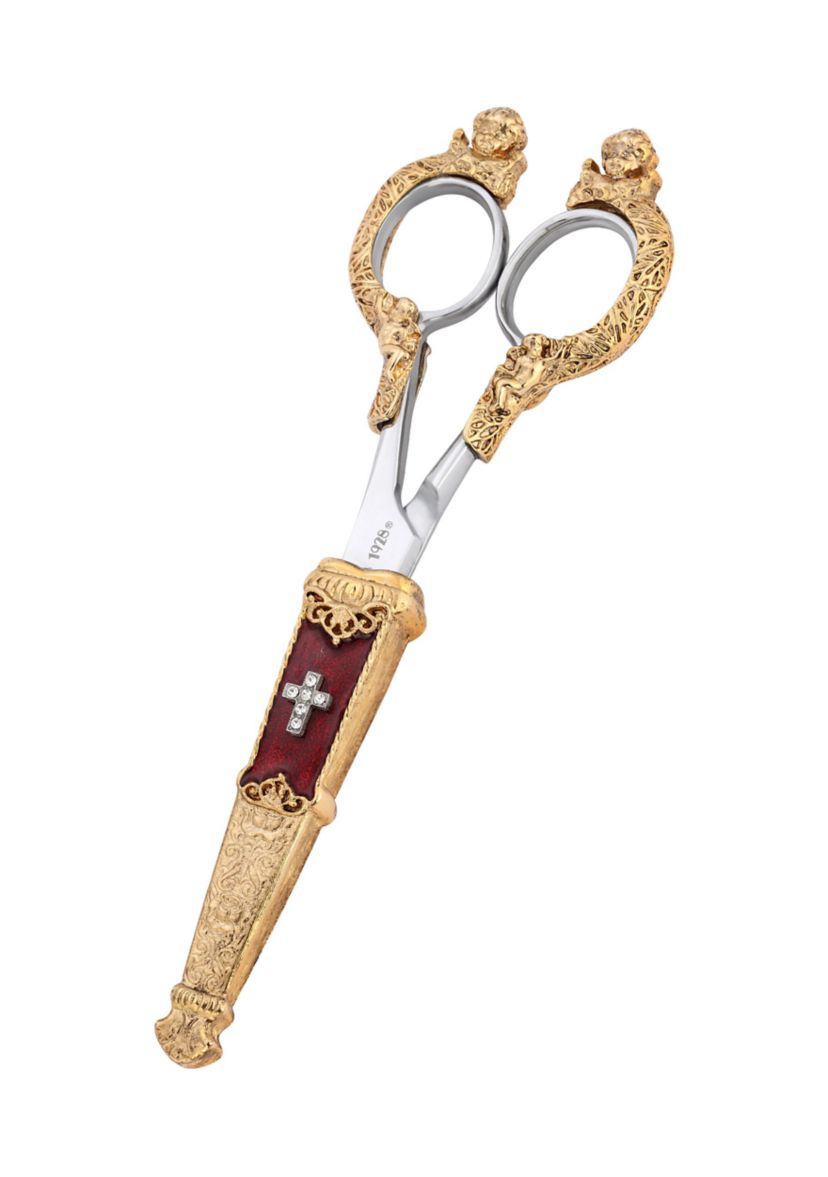 Gold Tone Crystal Cross Red Enamel Scissor Holder with Scissors