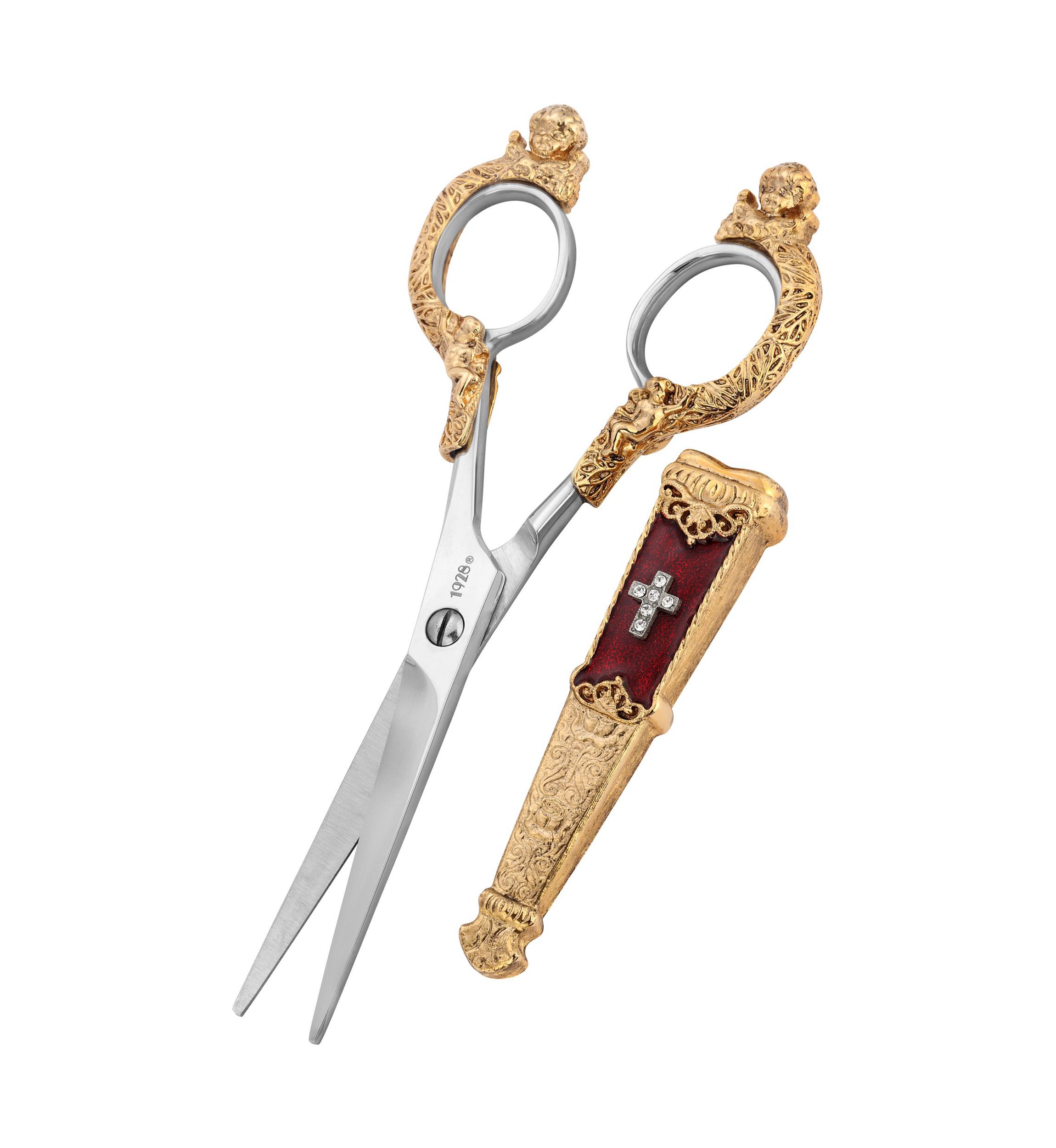 Gold Tone Crystal Cross Red Enamel Scissor Holder with Scissors