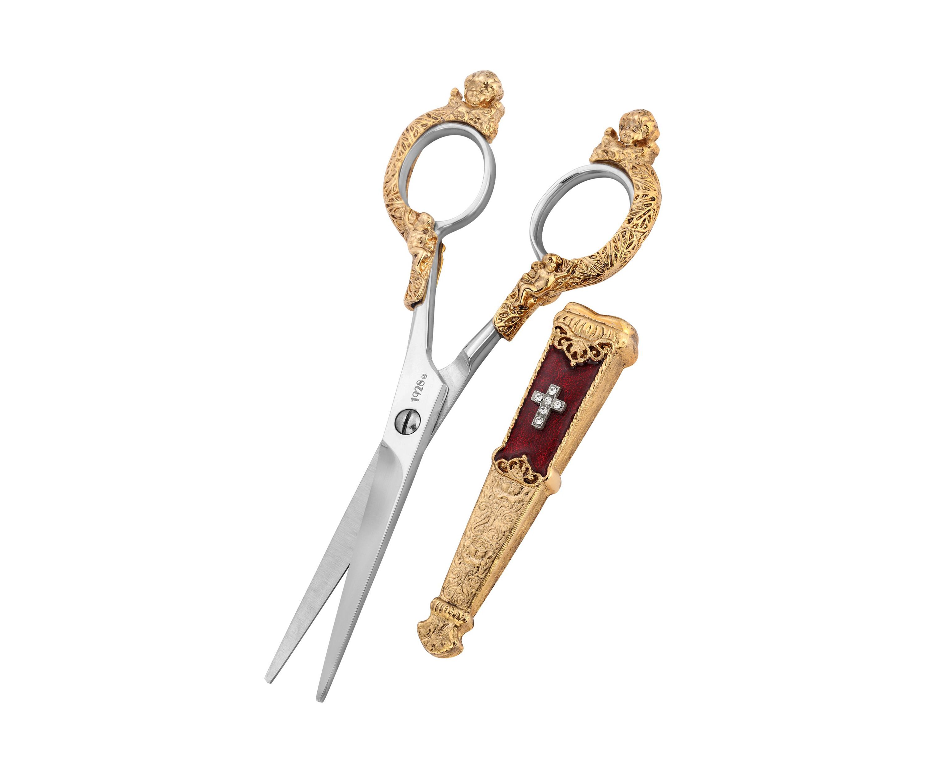 Gold Tone Crystal Cross Red Enamel Scissor Holder with Scissors