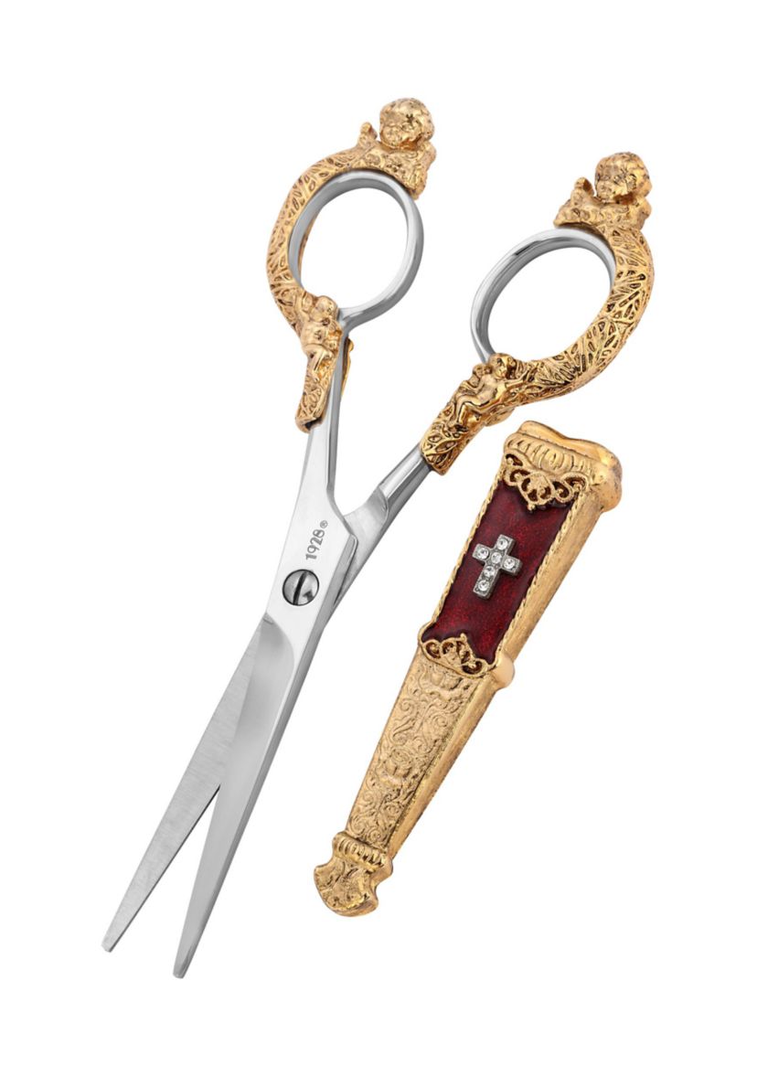 Gold Tone Crystal Cross Red Enamel Scissor Holder with Scissors