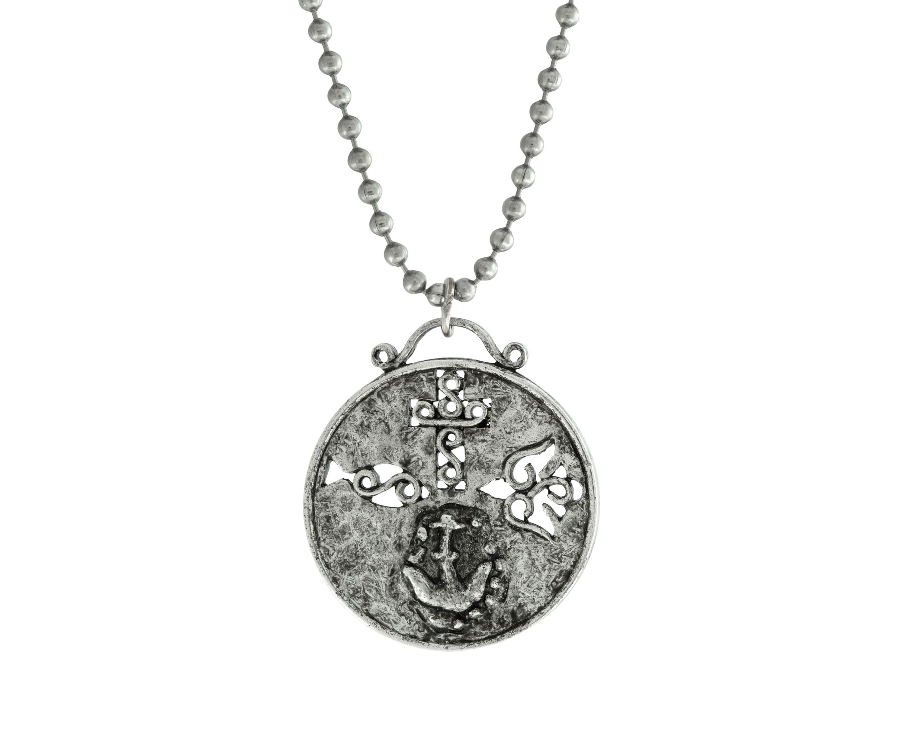 Pewter Christian Medallion with Cross Anchor Dove Necklace - 22 Inch