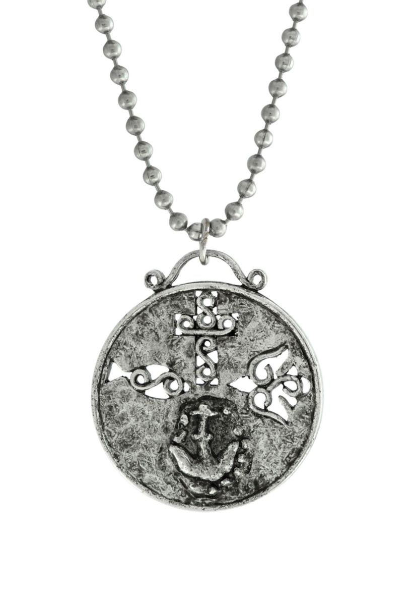Pewter Christian Medallion with Cross Anchor Dove Necklace - 22 Inch