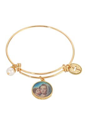 Symbols of Faith 14k Gold Dipped Cross, Faux Pearl, Mary and Child Charm Bangle Bracelet, Yellow