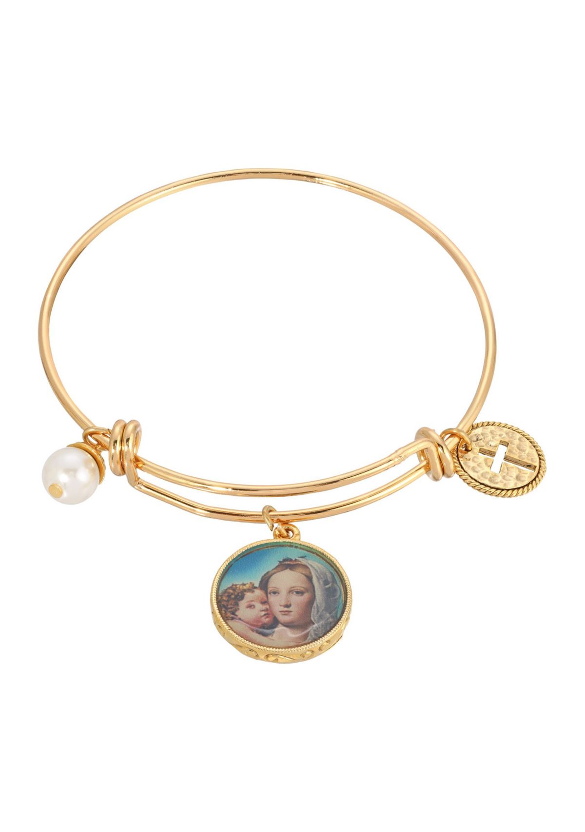 14k Gold Dipped Cross, Faux Pearl, Mary and Child Charm Bangle Bracelet