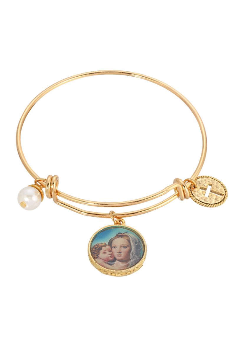 14k Gold Dipped Cross, Faux Pearl, Mary and Child Charm Bangle Bracelet
