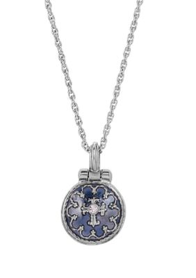 Silver-Tone Blue Enamel Cross Pendant Enclosed Virgin Mary Necklace - 16" Adj.