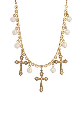 Gold Tone Triple Cross Faux Pearl Drop Necklace - 16" Adj.