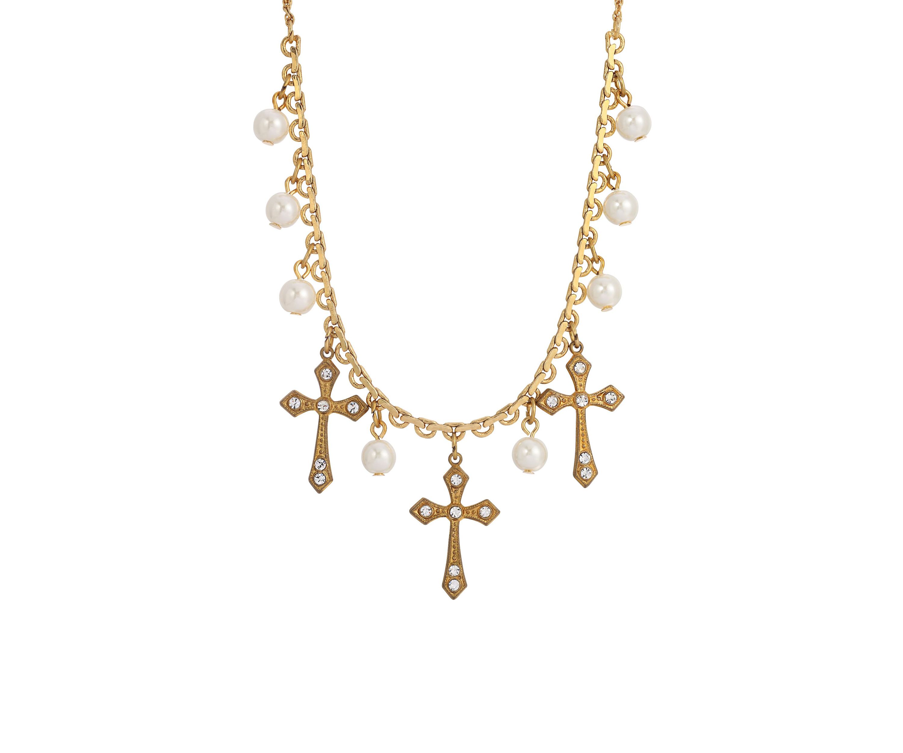 Gold Tone Triple Cross Faux Pearl Drop Necklace - 16" Adj.