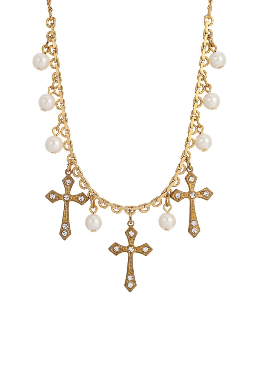 Gold Tone Triple Cross Faux Pearl Drop Necklace - 16" Adj.