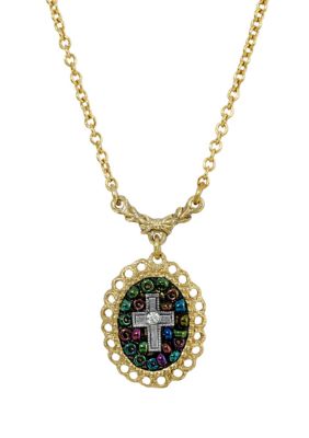 14K Gold Dipped Carded Oval Multi Color Beaded Crystal Cross Necklace - 16" Adj.