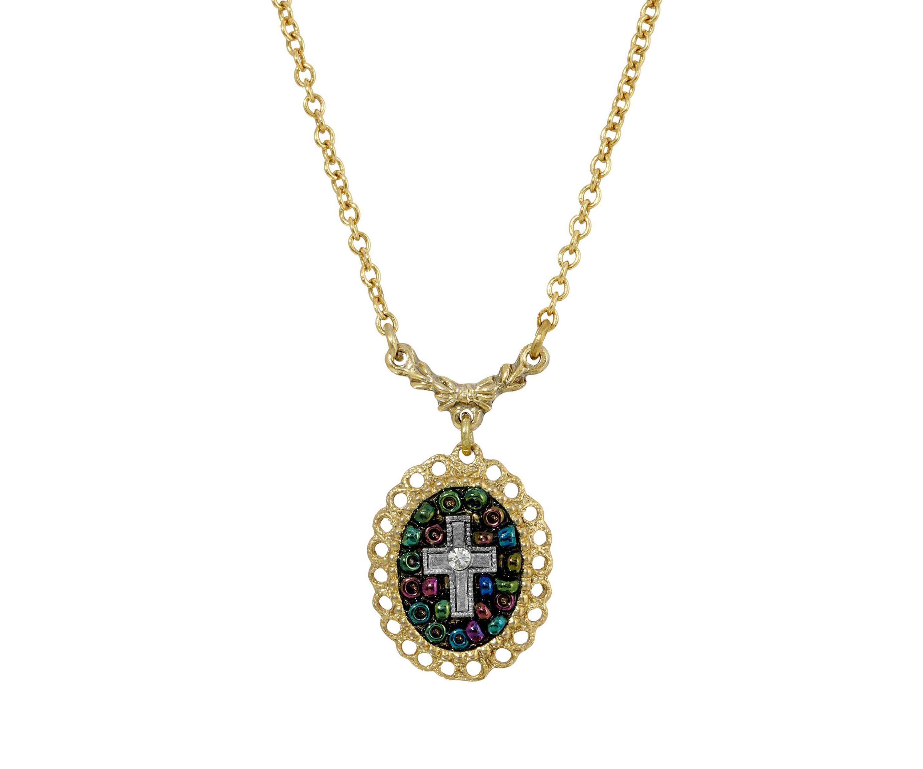 14K Gold Dipped Carded Oval Multi Color Beaded Crystal Cross Necklace - 16" Adj.