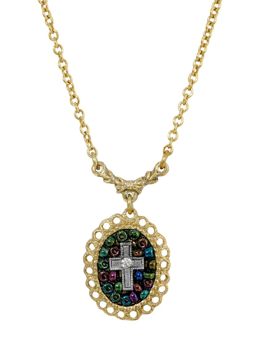 14K Gold Dipped Carded Oval Multi Color Beaded Crystal Cross Necklace - 16" Adj.
