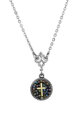 Silver Tone Carded Multi Color Round Beaded Cross Necklace - 16" Adj.