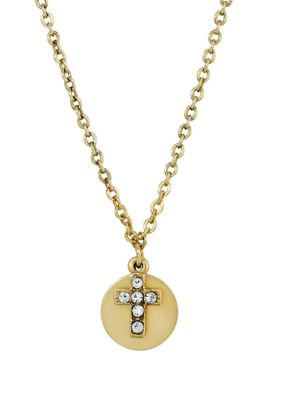 14K Gold Dipped Carded Crystal Cross With Round Disc Necklace - 16" Adj.