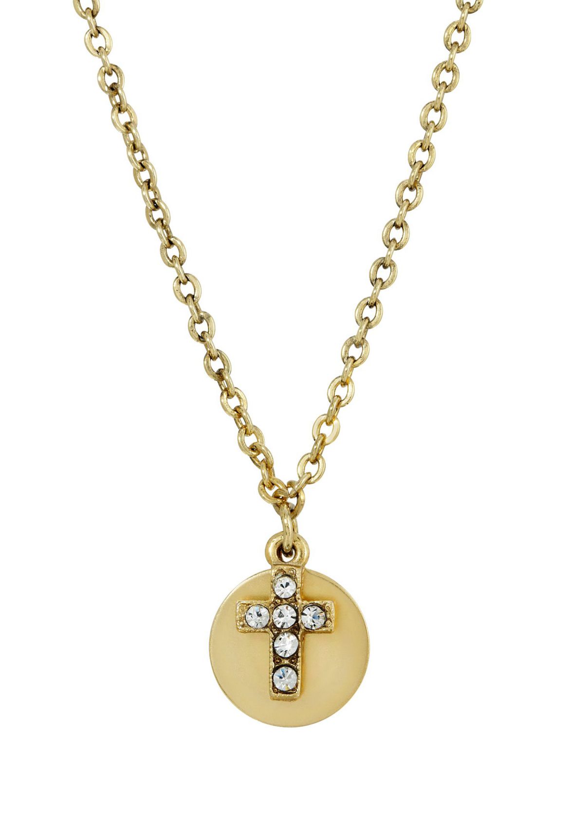 14K Gold Dipped Carded Crystal Cross With Round Disc Necklace - 16" Adj.