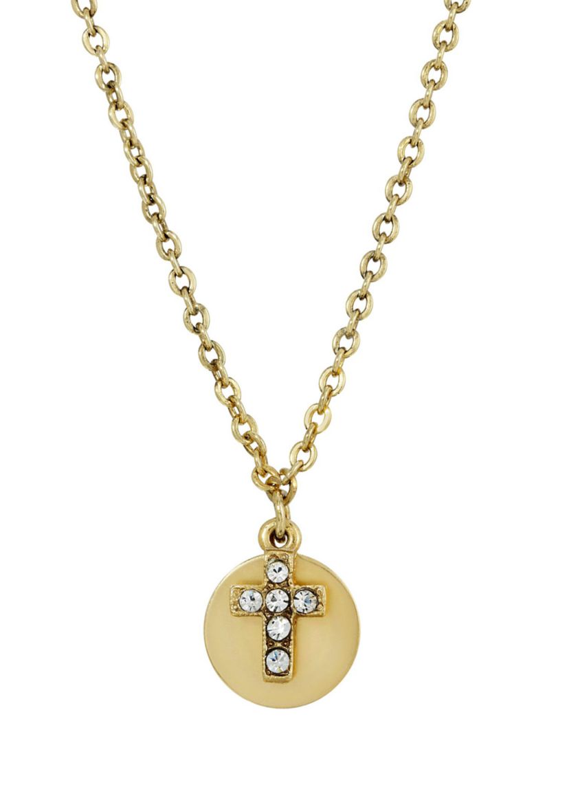 14K Gold Dipped Carded Crystal Cross With Round Disc Necklace - 16" Adj.