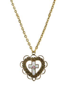 Gold Tone Heart with White Floral Cross Necklace - 16" Adj.