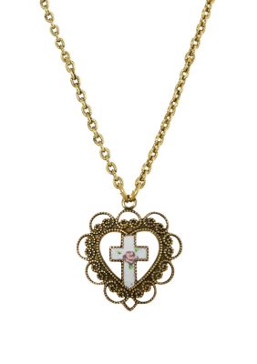 Symbols of Faith Gold Tone Heart with White Floral Cross Necklace - 16" Adj