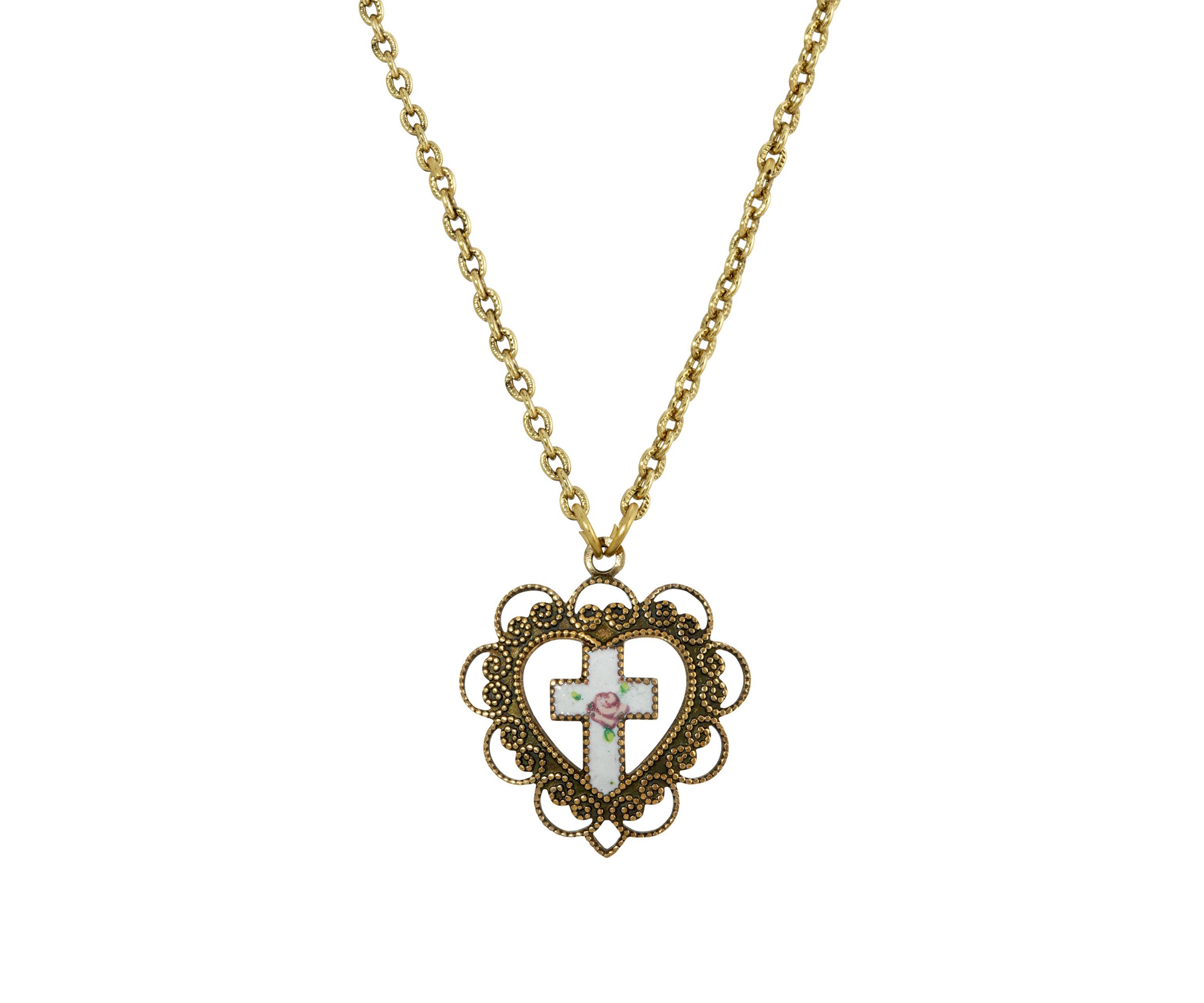Gold Tone Heart with White Floral Cross Necklace - 16" Adj.