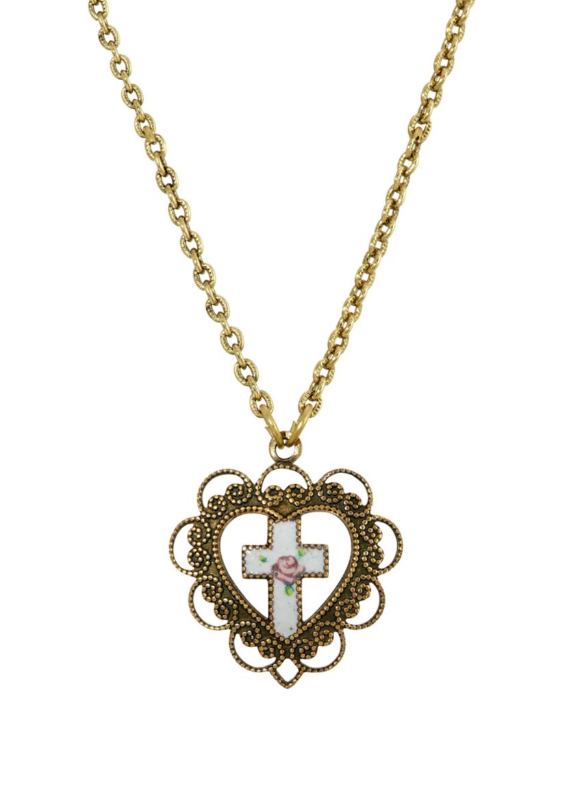 Gold Tone Heart with White Floral Cross Necklace - 16" Adj.