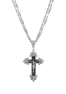 Pewter Crucifix with Purple Seeded Beads Necklace - 16" Adj.