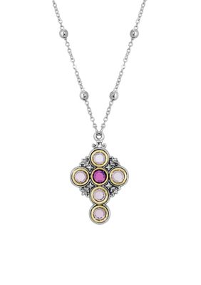 Pewter Cross Light and Dark Purple Round Swarovski Crystals Necklace - 16" Adj.