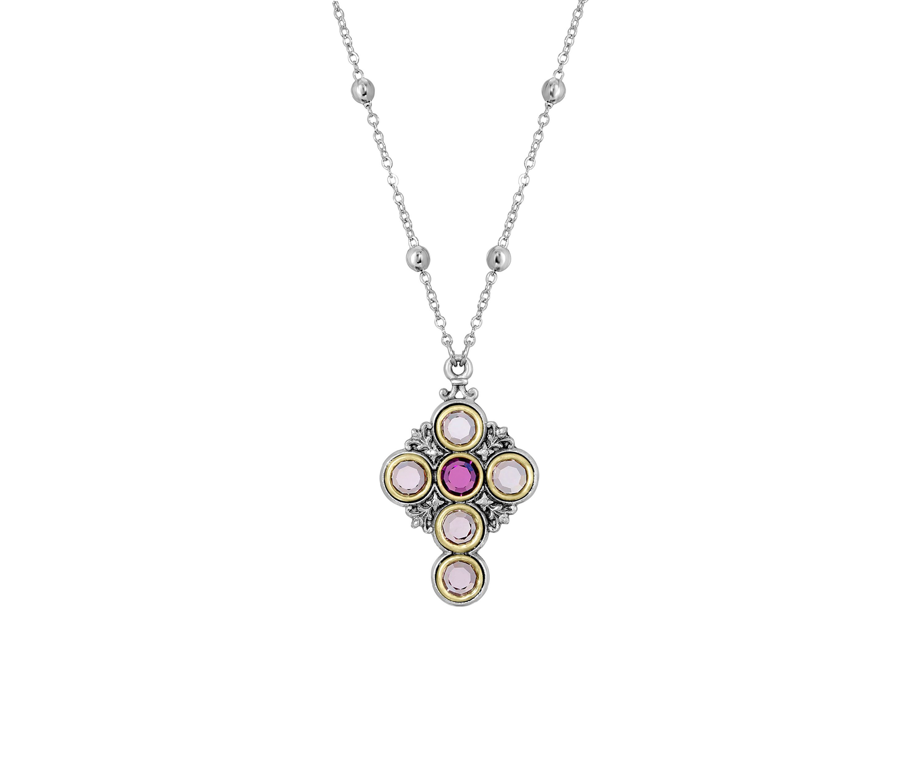 Pewter Cross Light and Dark Purple Round Swarovski Crystals Necklace - 16" Adj.