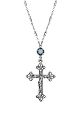 Pewter Crucifix Cross Blue Crystal Silver Tone Chain Necklace - 18"