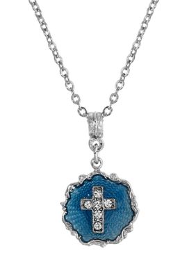 Silver Tone Blue Enamel Crystal Cross Round Necklace - 16" Adj.