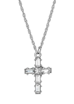Pewter Crystal Small Cross Necklace - 16" Adj.
