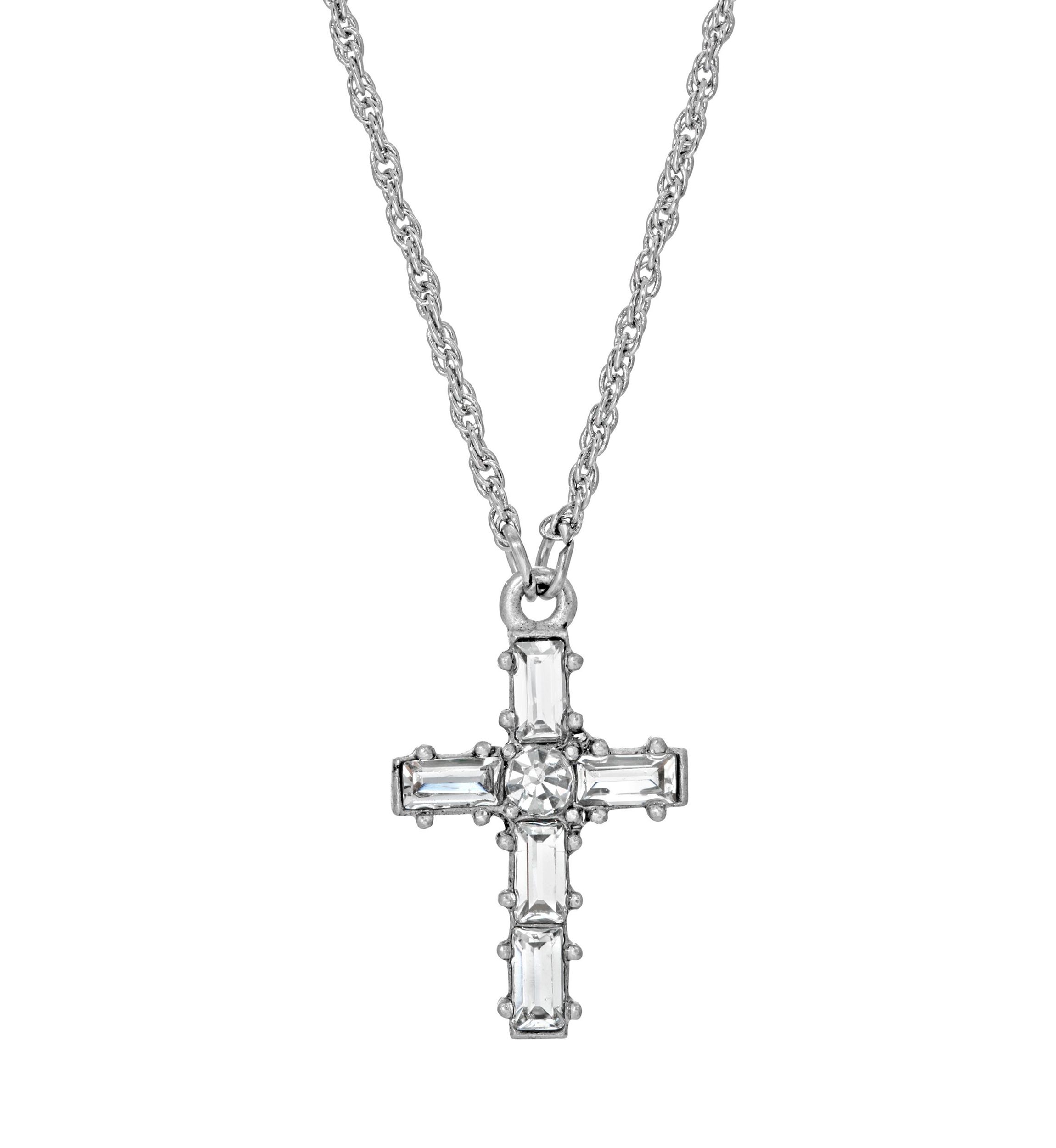 Pewter Crystal Small Cross Necklace - 16" Adj.