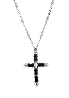 Pewter Black Clear Crystal Cross Necklace - 20"