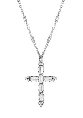 Pewter Crystal Cross Silver Tone Chain Necklace - 20"