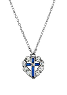 Pewter Enamel Cross Crystal Heart Necklace