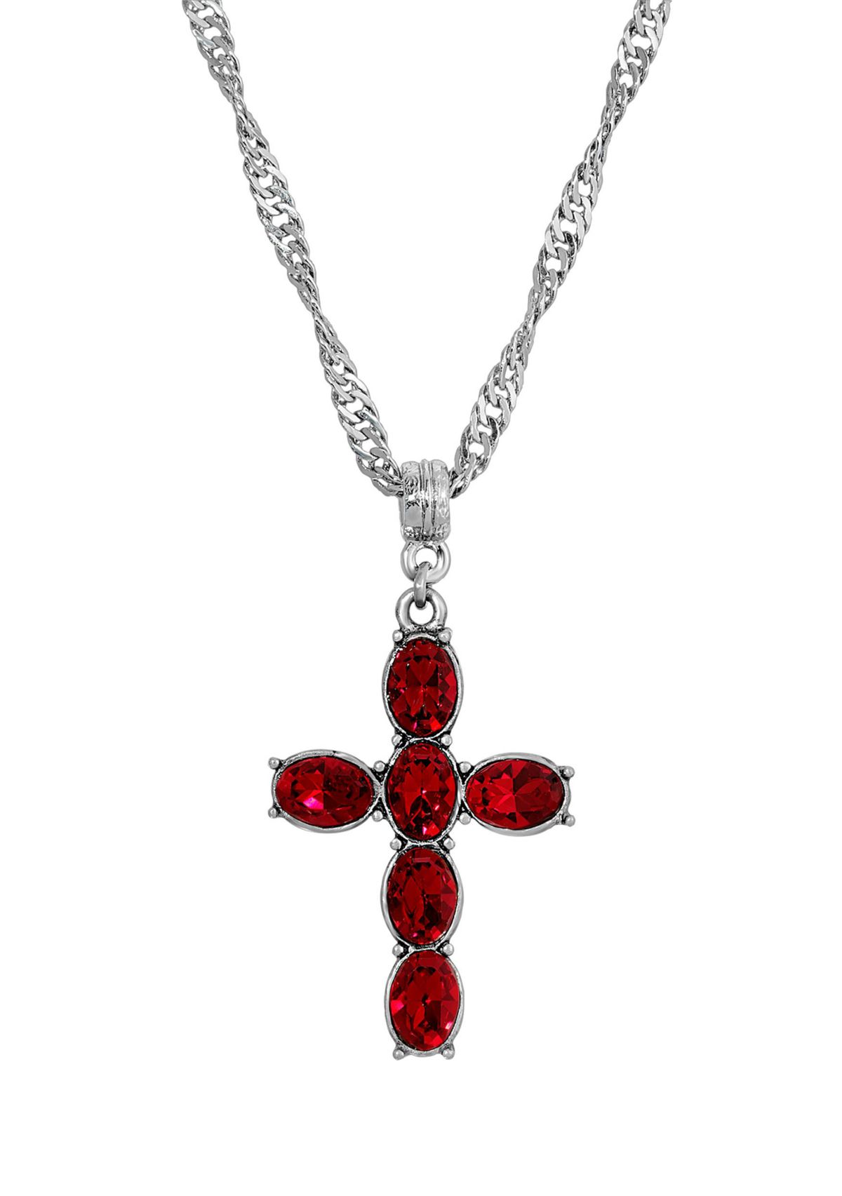 Pewter Red Crystal Cross Silver Tone Twisted Necklace - 20"